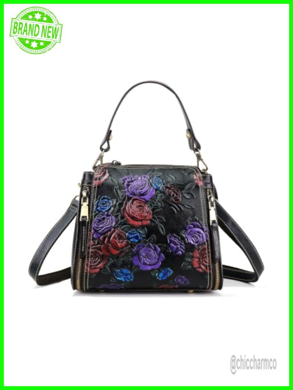 Genuine Leather Crossbody Satchel Handbag Embossed Rose Top Handle